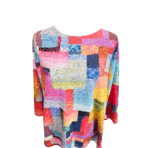 Ali Miles Multicolor Abstract Print 3/4 Sleeve Knit Top S Artsy Casual Money - Picture 3 of 8